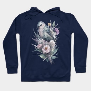 Little Bird around Flowers: Scattered Watercolor in Pastel Colors. Hoodie